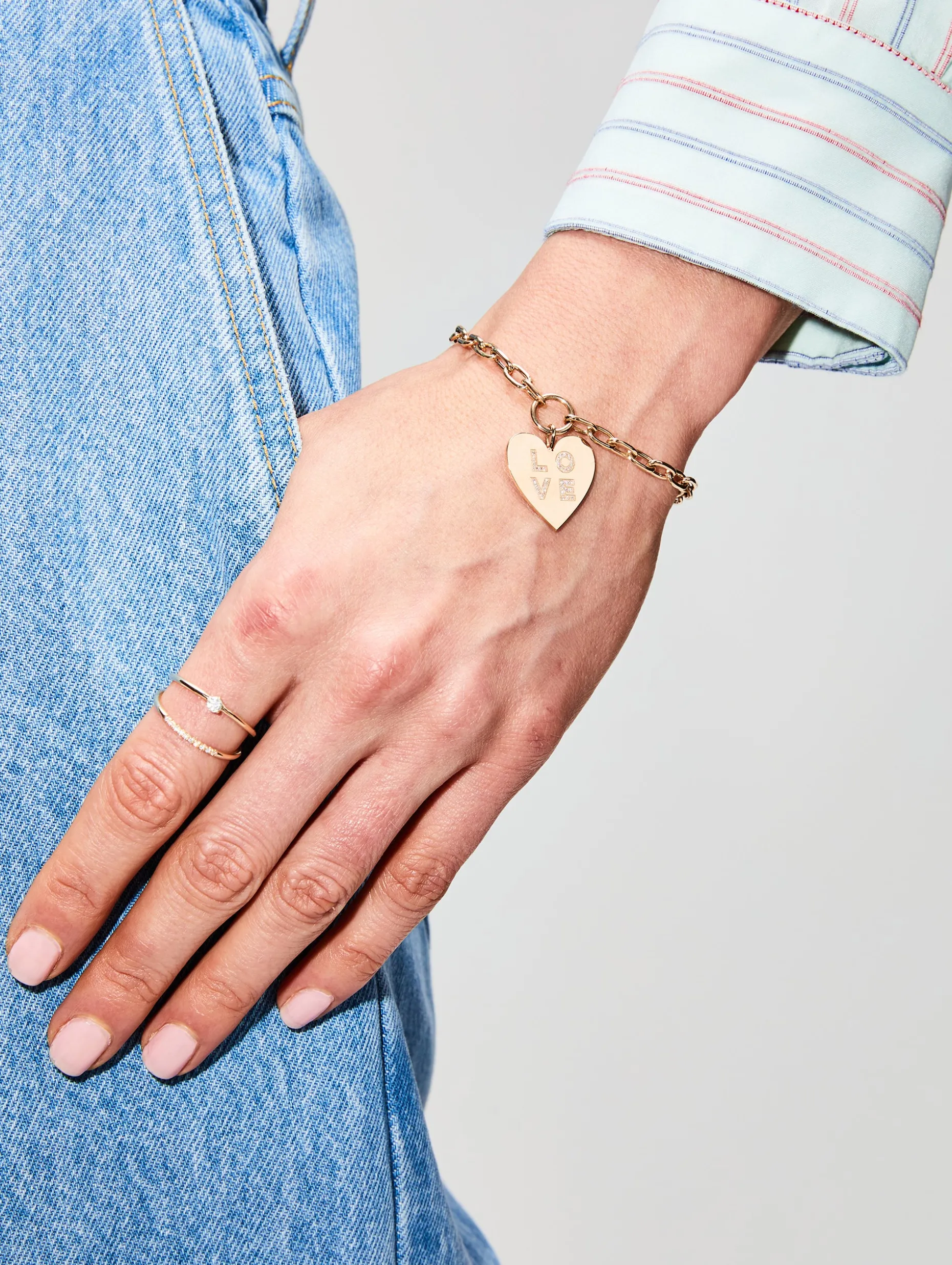 Pave Diamond Love Heart Charm Square Oval Chain Bracelet
