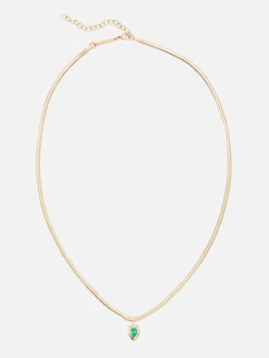Pear Emerald Bezel Pendant Snake Chain Necklace